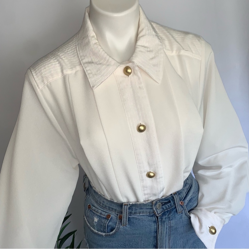 v i n t a g e :: Elegant Pleated Pinstripe Cufflink Satin Blouse - Picture 12 of 13